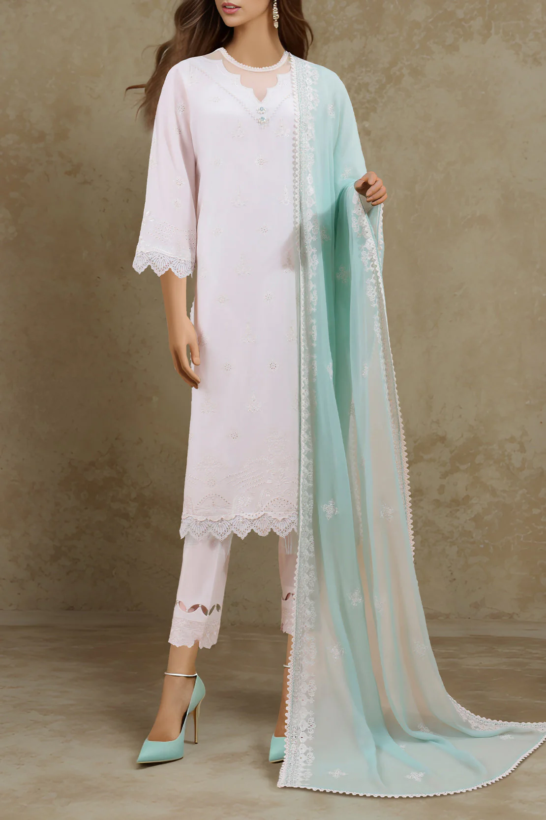 Unstitched Embroidered Cambric 3 Piece With Chiffon Dupatta - Image 2