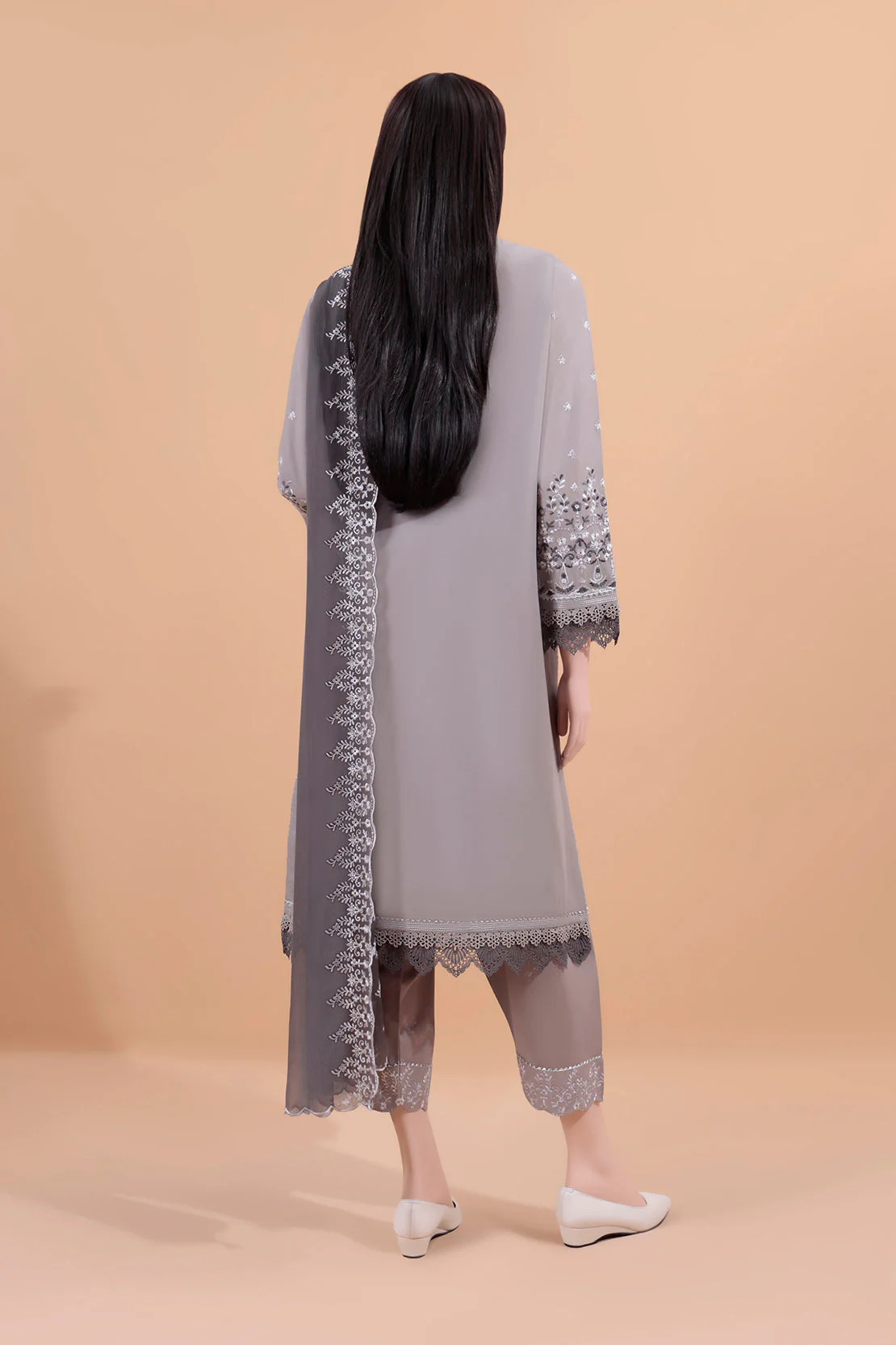 Unstitched Solid Embroidered Cambric 3 Piece With Chiffon Dupatta - Image 3