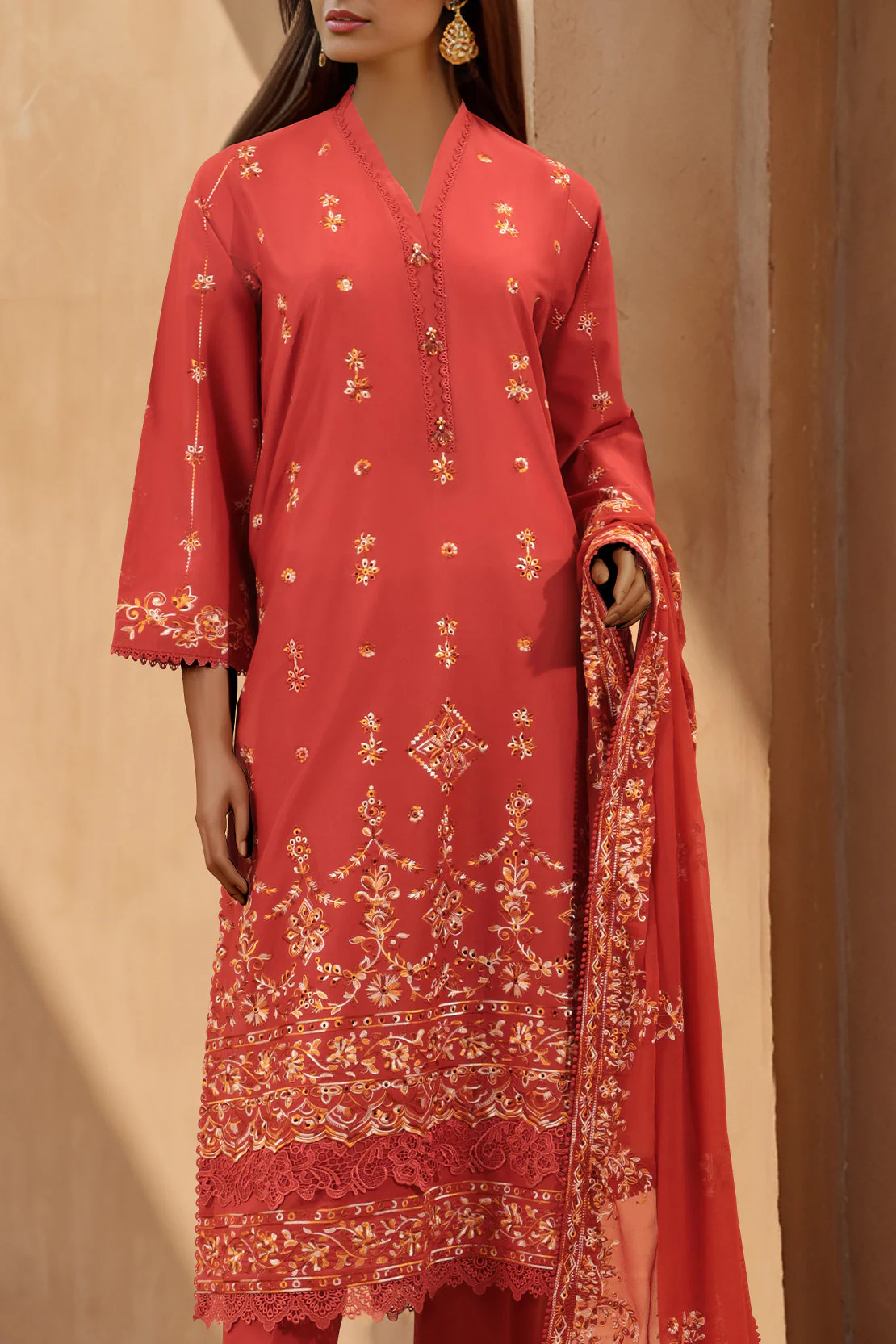 Unstitched Embroidered Cambric 3 Piece With Chiffon Dupatta