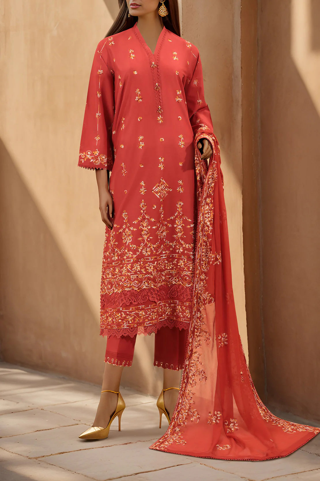 Unstitched Embroidered Cambric 3 Piece With Chiffon Dupatta - Image 2