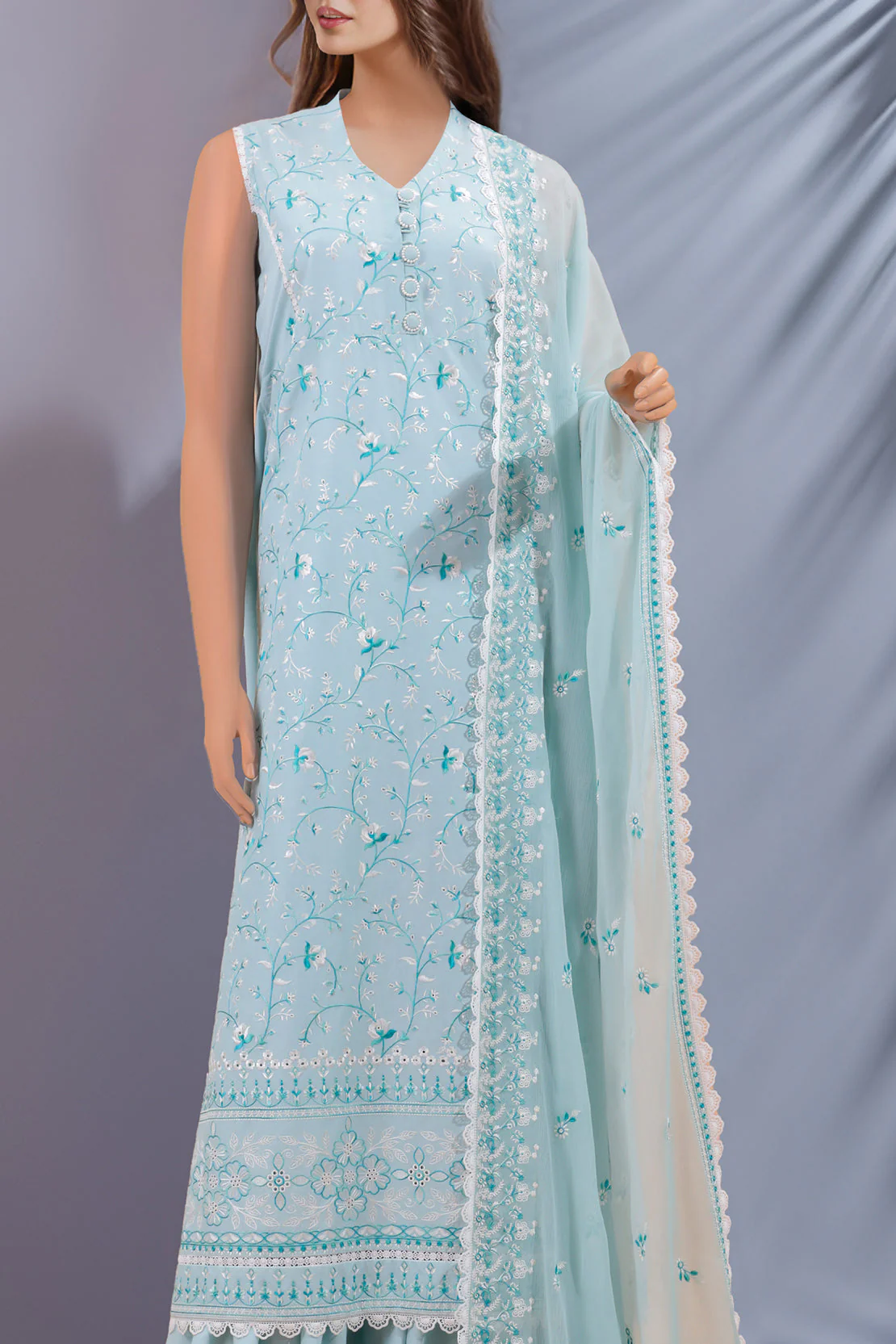 Unstitched Embroidered Cambric 3 Piece With Chiffon Dupatta