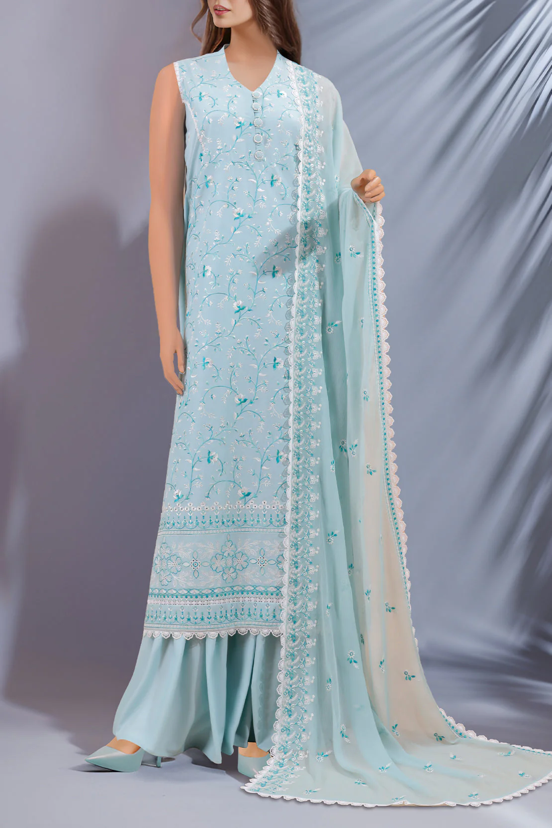 Unstitched Embroidered Cambric 3 Piece With Chiffon Dupatta - Image 2