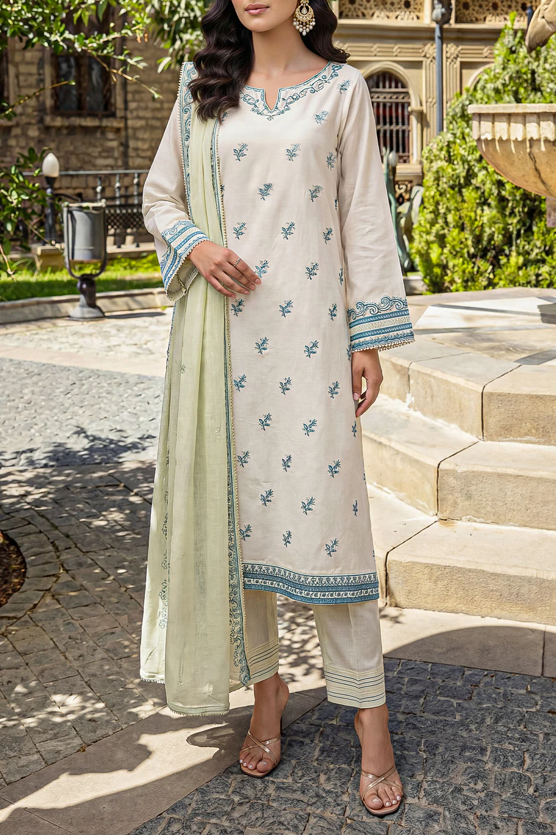 Unstitched Embroidered Cambric 3 Piece With Chiffon Dupatta