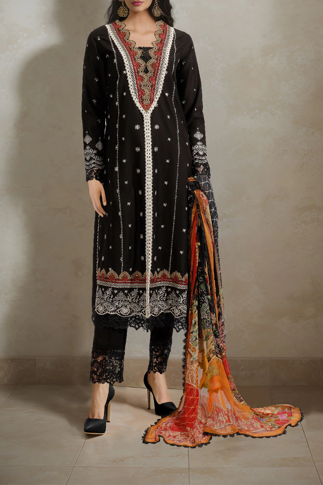 Unstitched Embroidered Chikankari Cotton 3 Piece With Chiffon Dupatta
