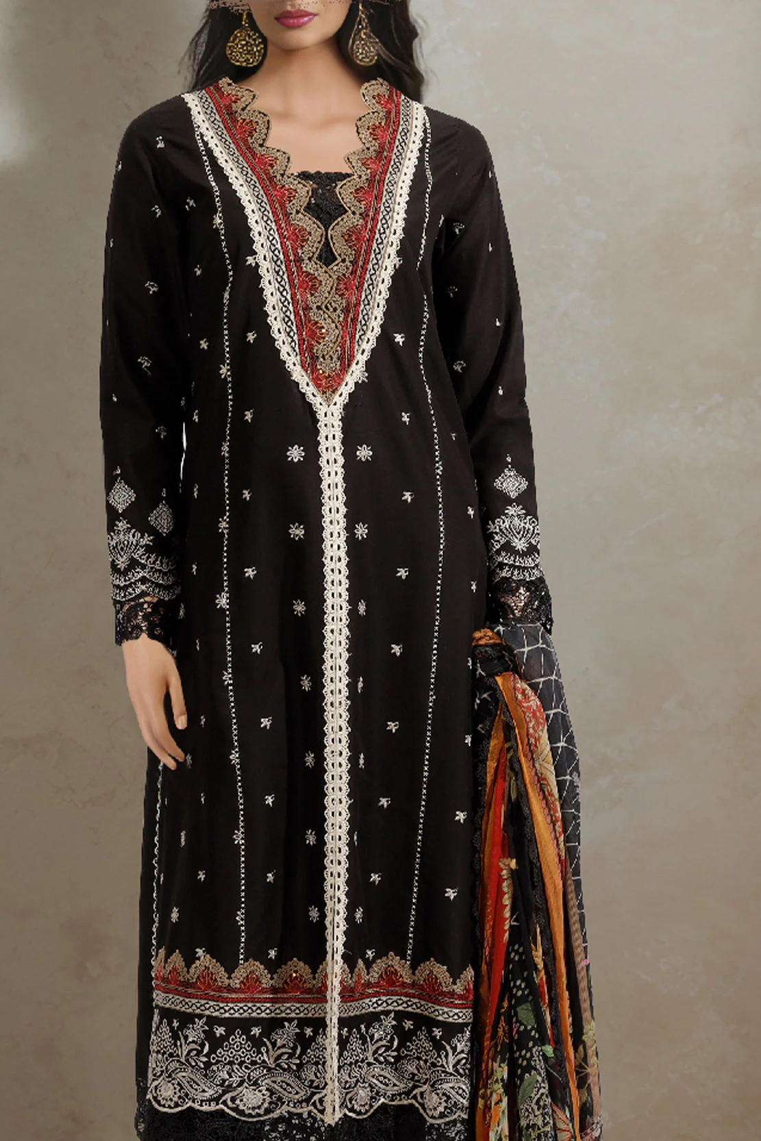Unstitched Embroidered Chikankari Cotton 3 Piece With Chiffon Dupatta - Image 2