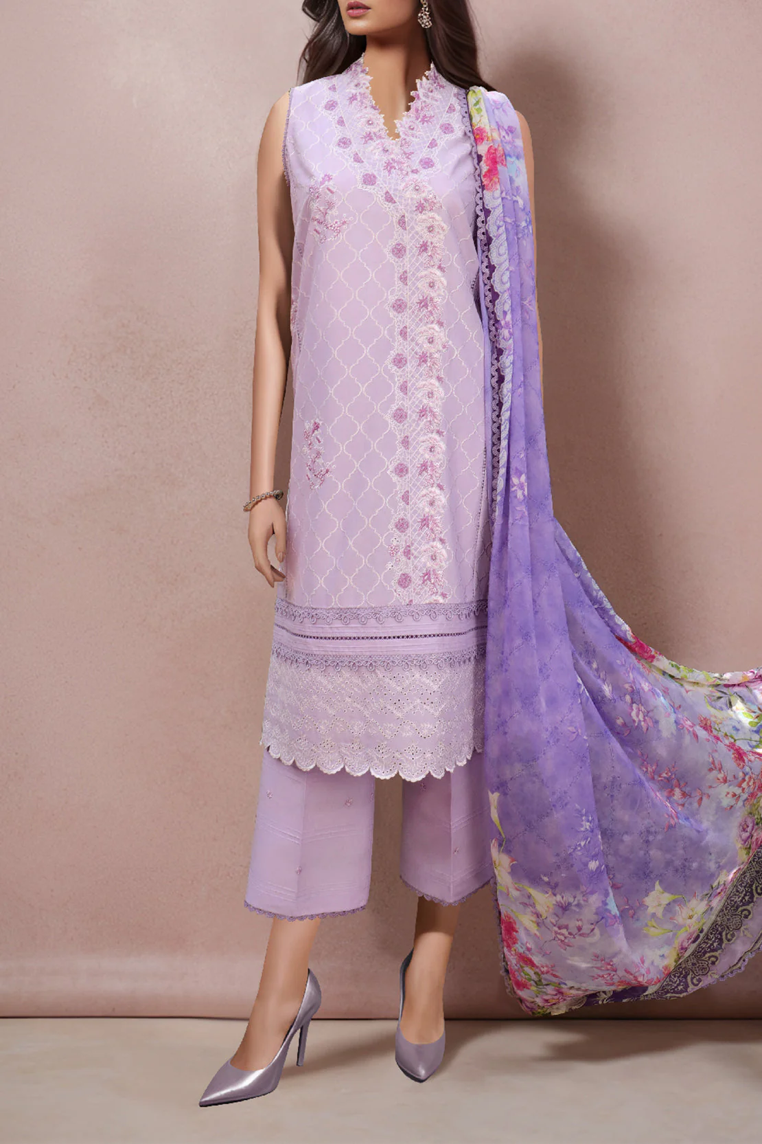 Unstitched Embroidered Chikankari Cotton 3 Piece With Chiffon Dupatta
