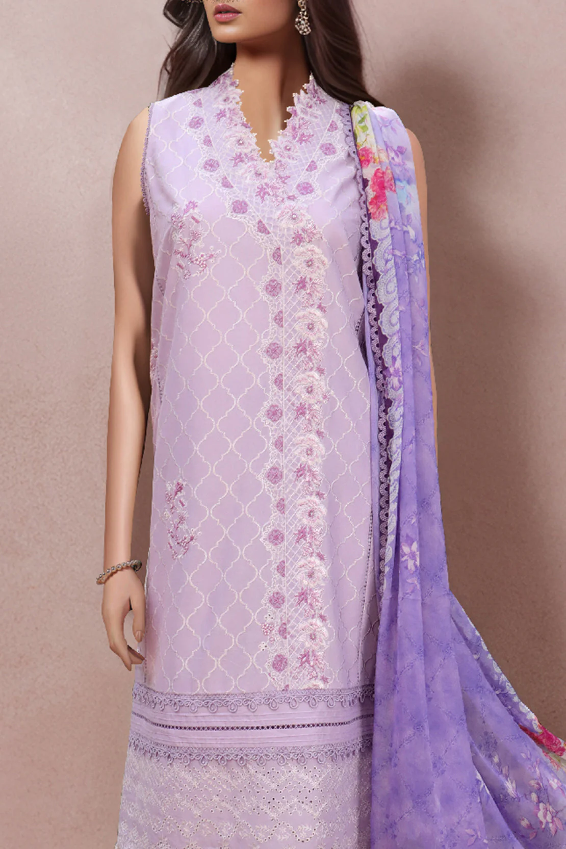 Unstitched Embroidered Chikankari Cotton 3 Piece With Chiffon Dupatta - Image 2