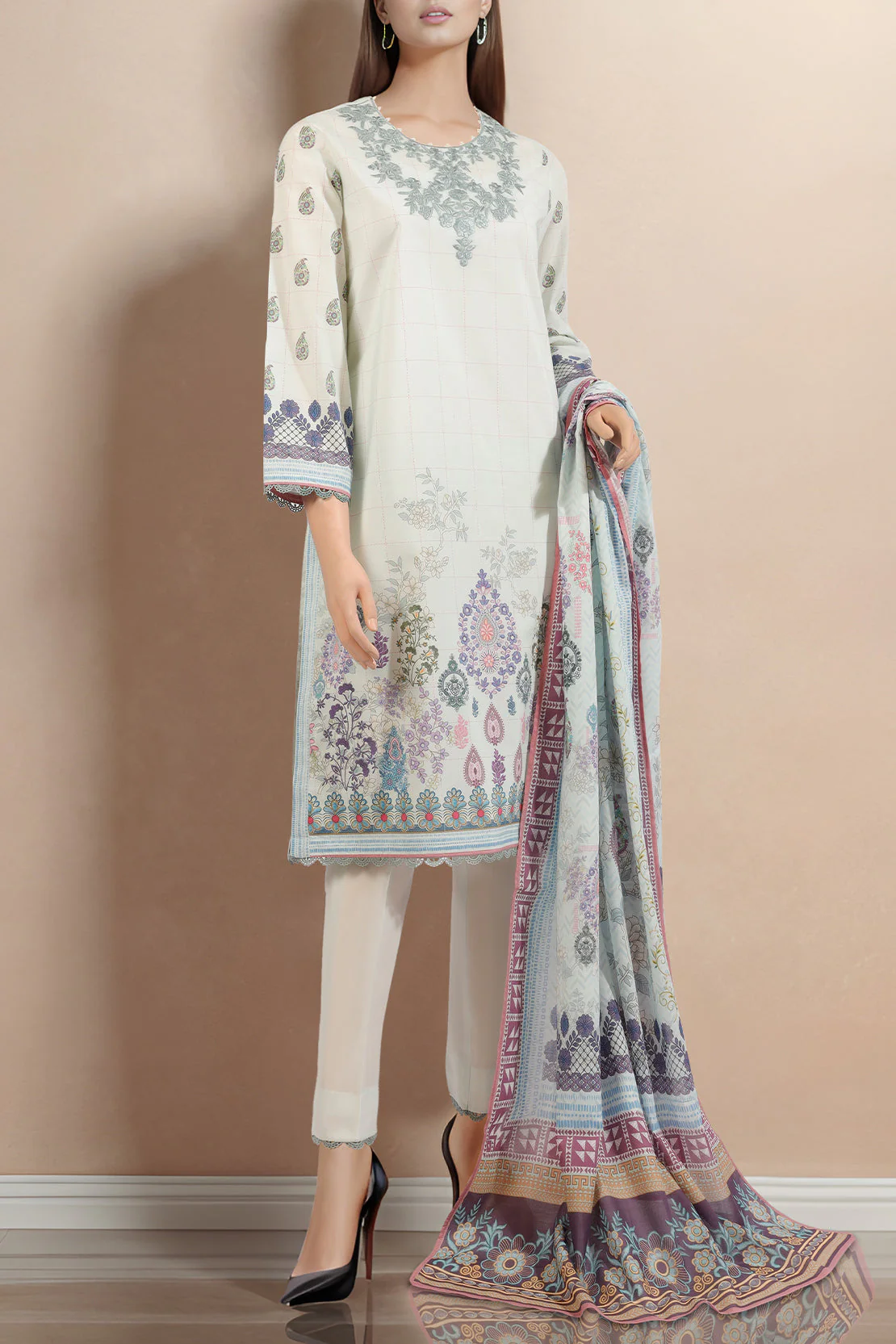 Unstitched Embroidered Cotton Filament 2 Piece (Shirt/Dupatta) - Image 2