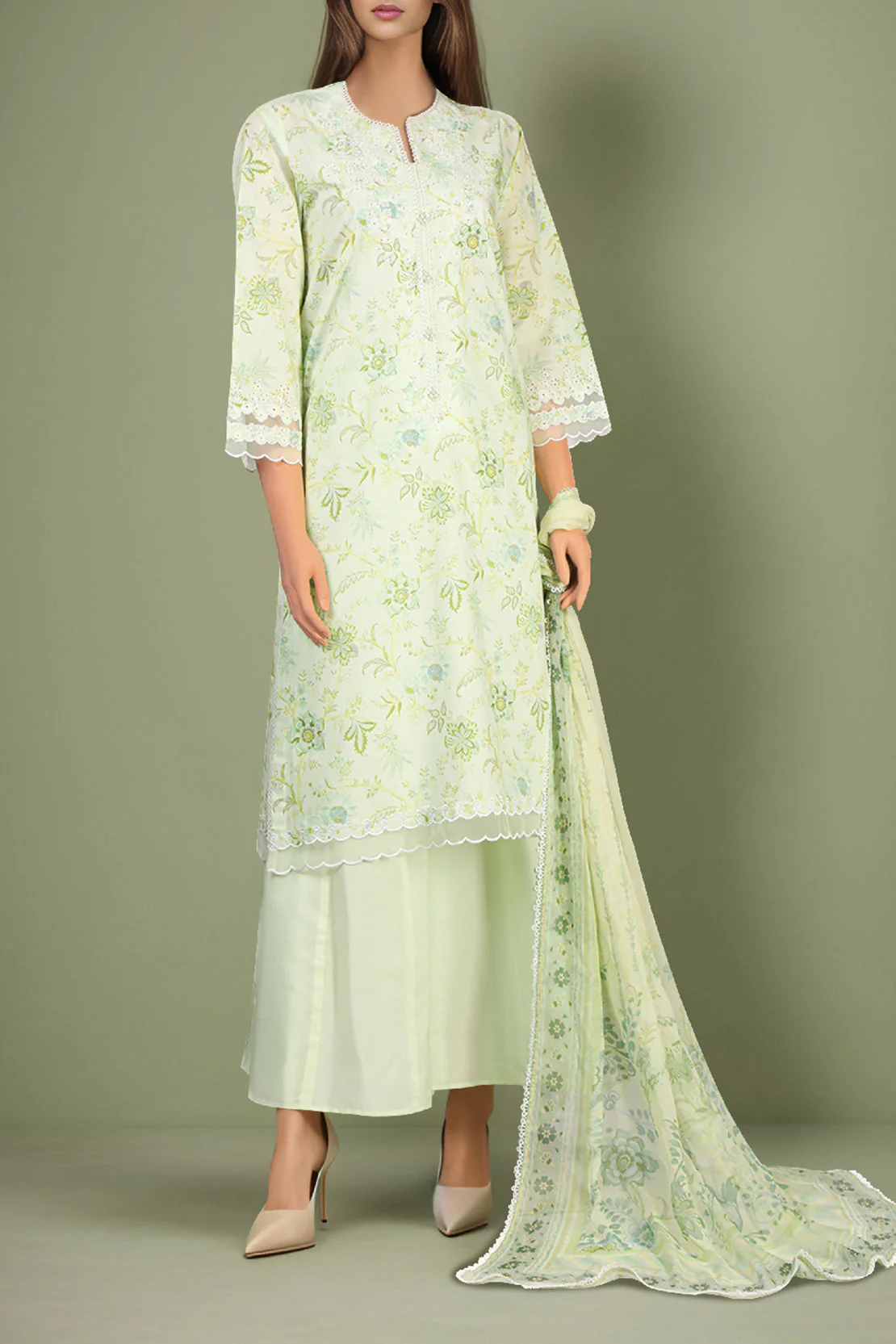 Unstitched Embroidered Cotton Filament 3 Piece With Chiffon Dupatta - Image 2