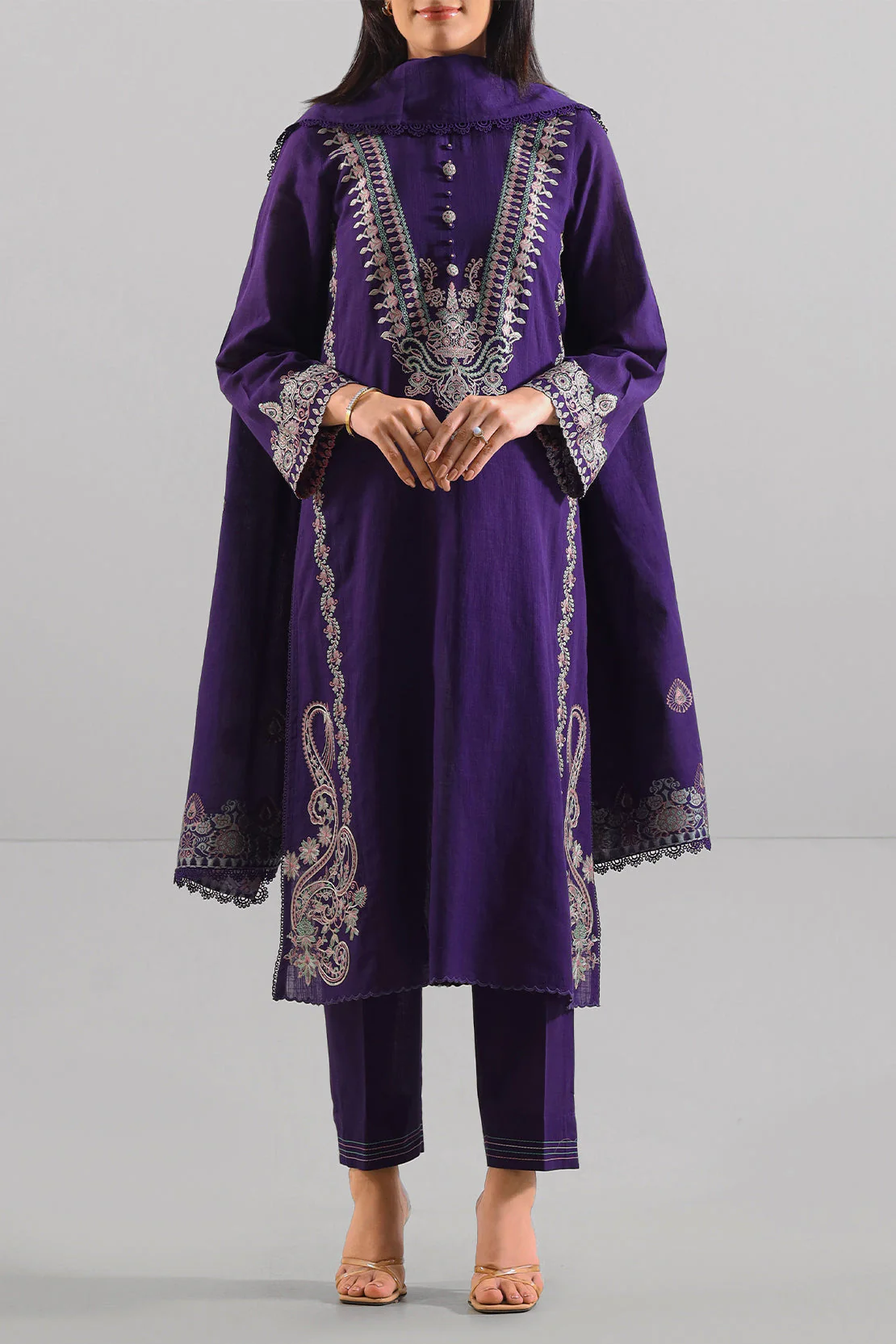 Unstitched Solid Embroidered Cotton Khaddar 3 Piece - Image 3