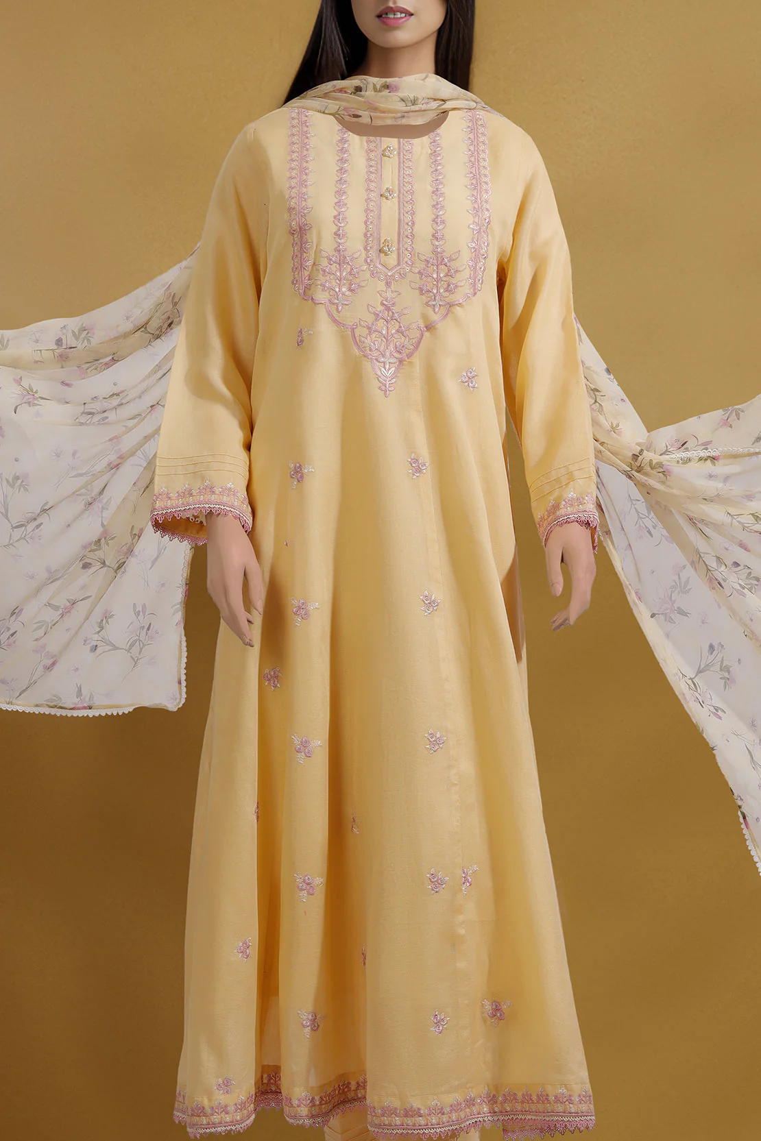 Unstitched Embroidered Cotton Net 3 Piece With Chiffon Dupatta