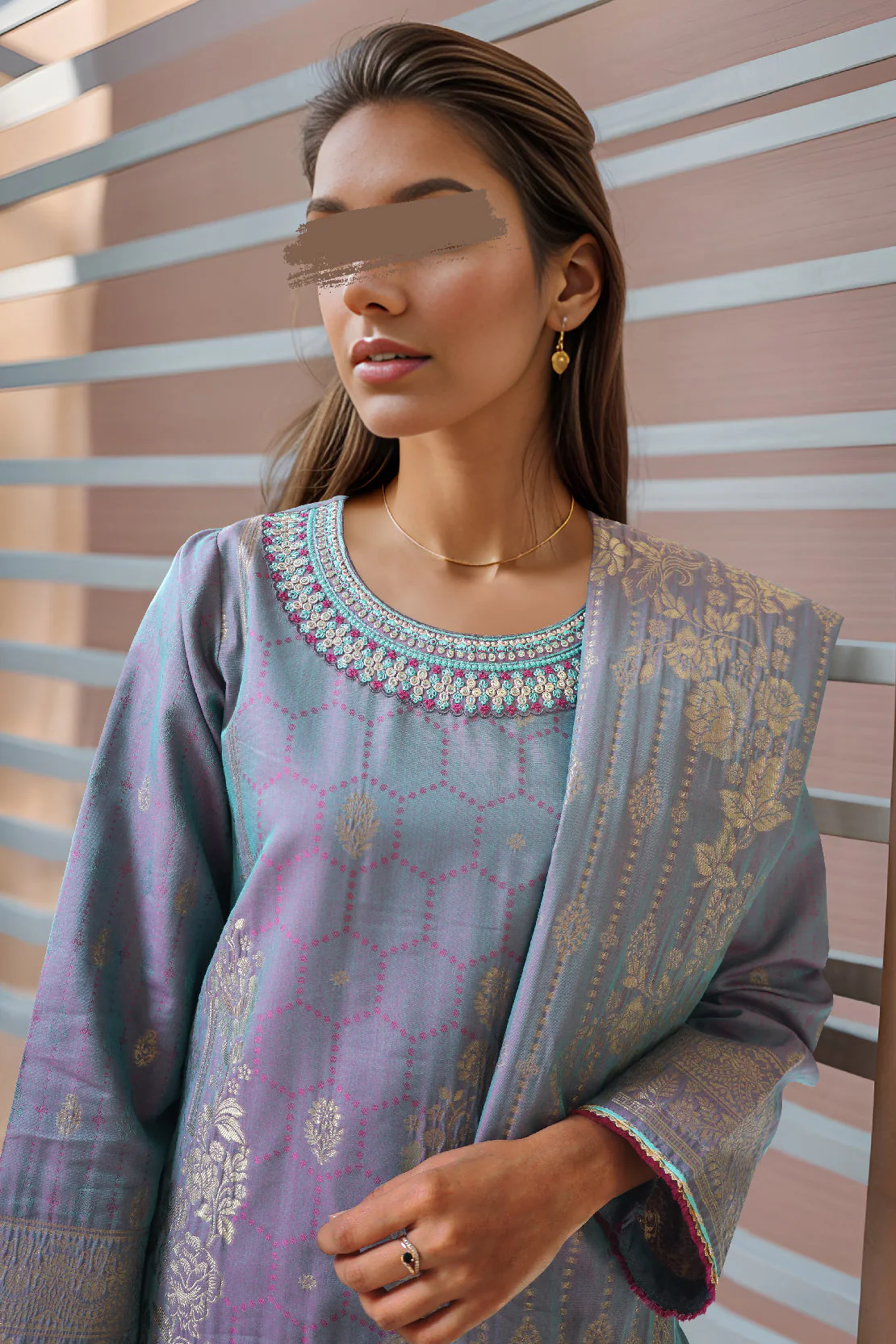 Unstitched Embroidered Jacquard Cotton 2 Piece (Shirt/Dupatta) - Image 2