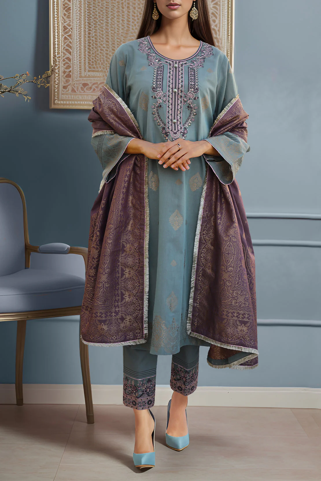 Unstitched Embroidered Jacquard Cotton 2 Piece (Shirt/Dupatta)