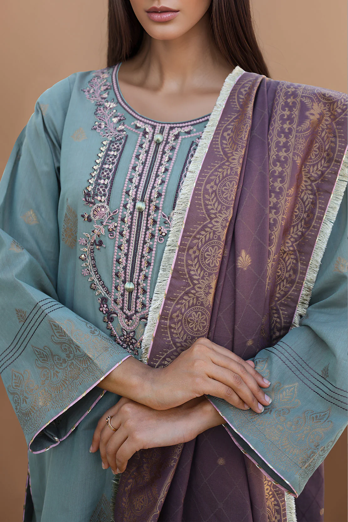 Unstitched Embroidered Jacquard Cotton 2 Piece (Shirt/Dupatta) - Image 2
