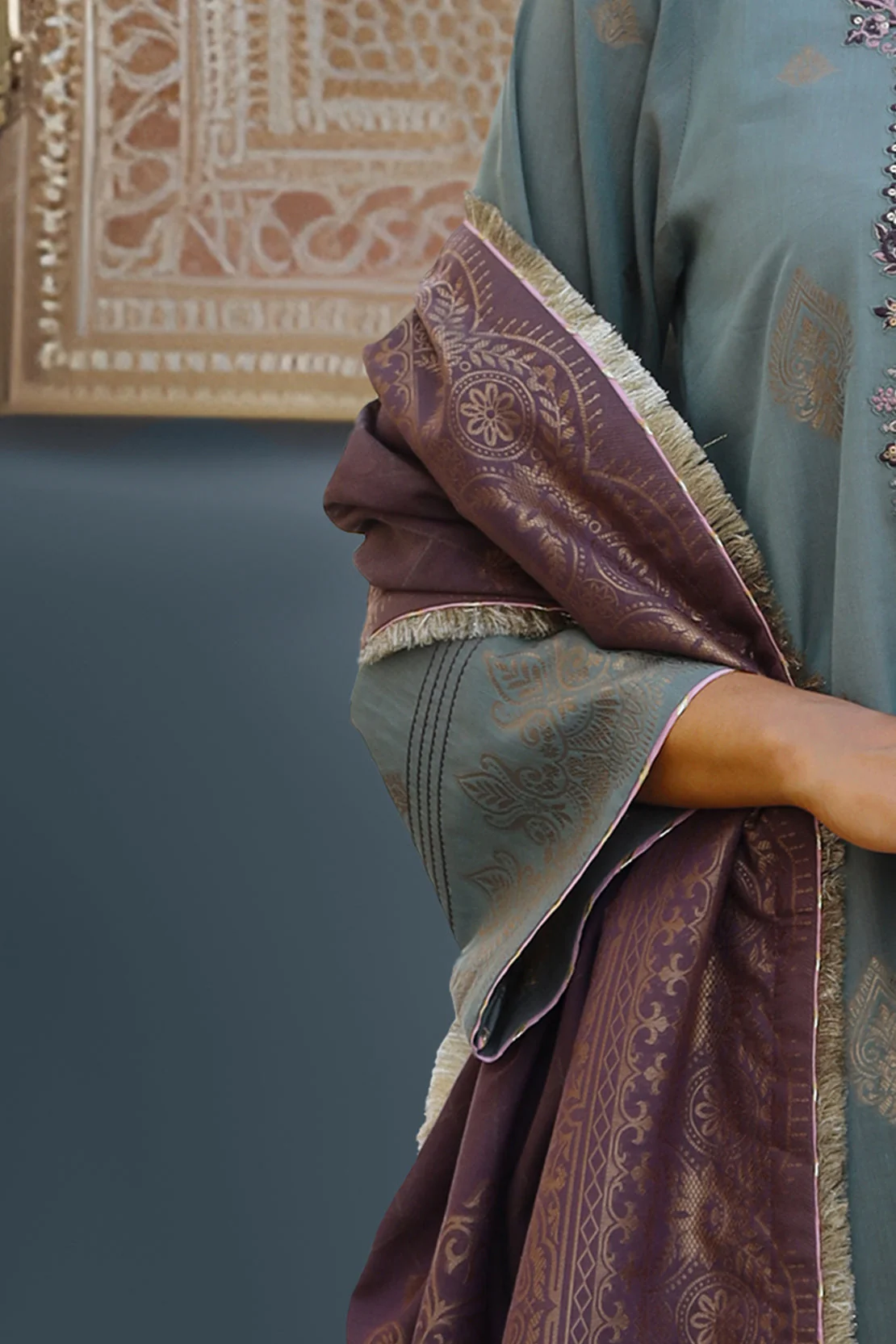 Unstitched Embroidered Jacquard Cotton 2 Piece (Shirt/Dupatta) - Image 3