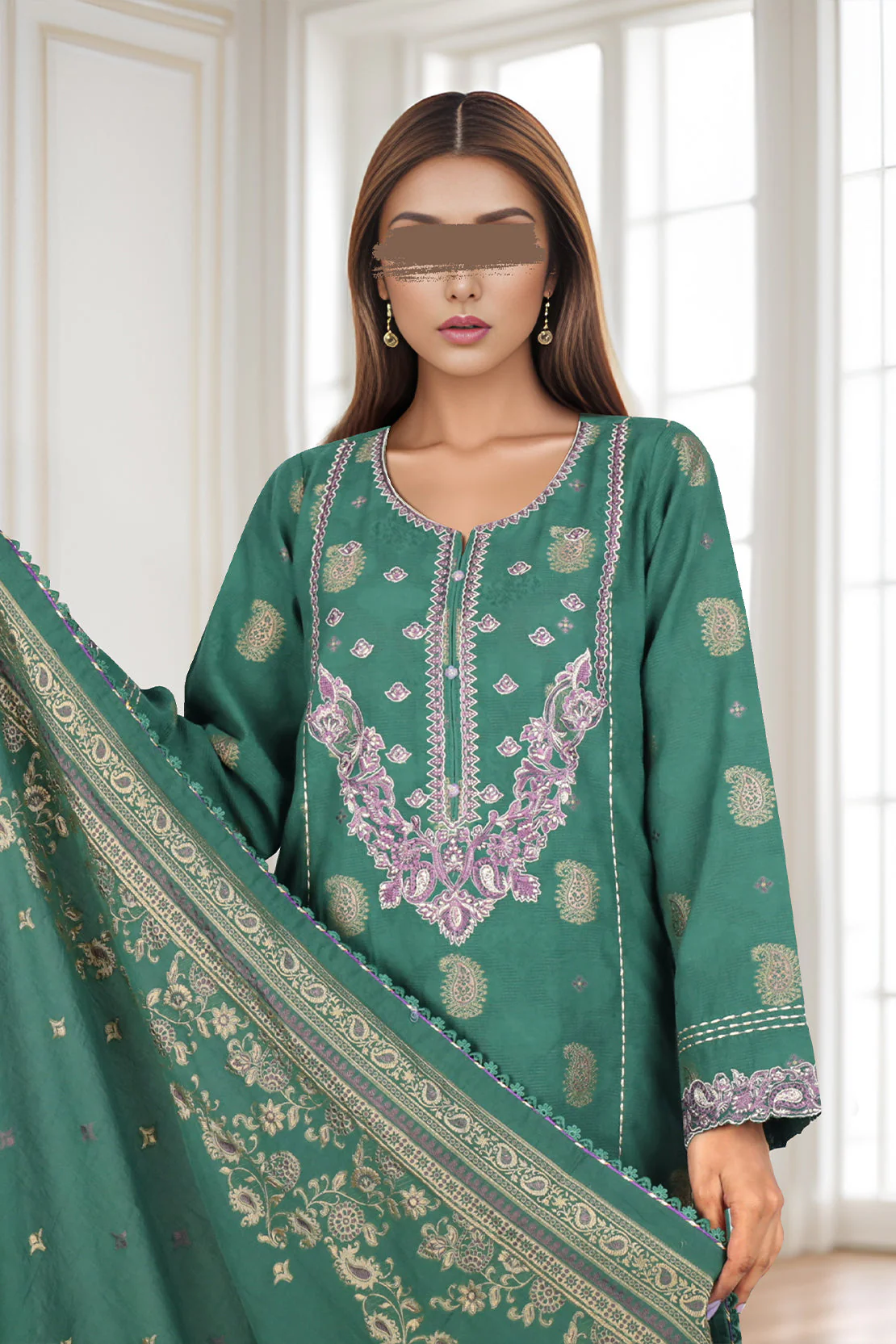 Unstitched Embroidered Jacquard Cotton 3 Piece - Image 3