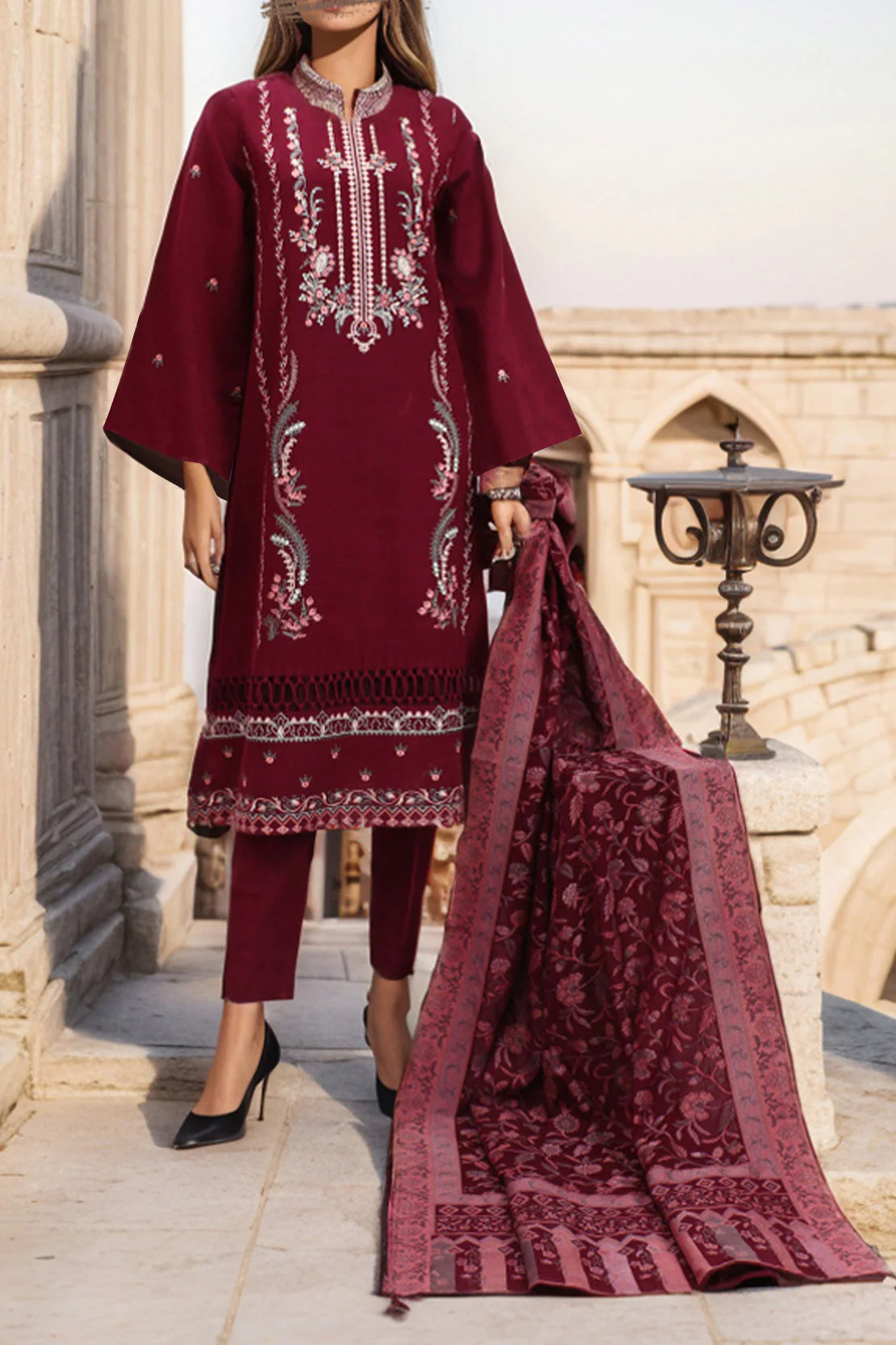 Unstitched Embroidered Khaddar 2 Piece (Shirt/Dupatta)