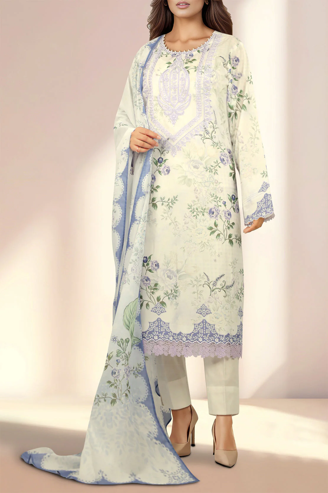 Unstitched Embroidered Lawn 2 Piece (Shirt/Dupatta)