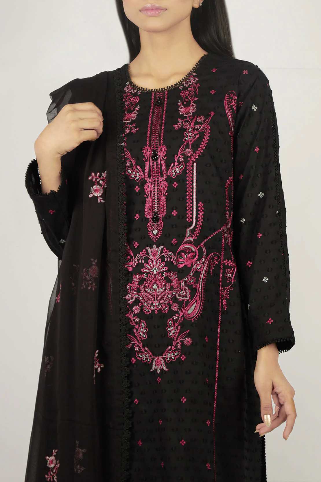 Unstitched Solid Embroidered Self Jacquard 2 Piece (Shirt/Trouser) - Image 2