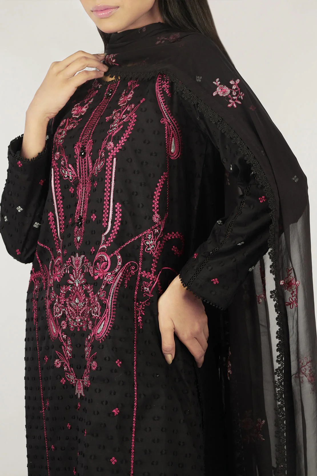 Unstitched Solid Embroidered Self Jacquard 2 Piece (Shirt/Trouser) - Image 4