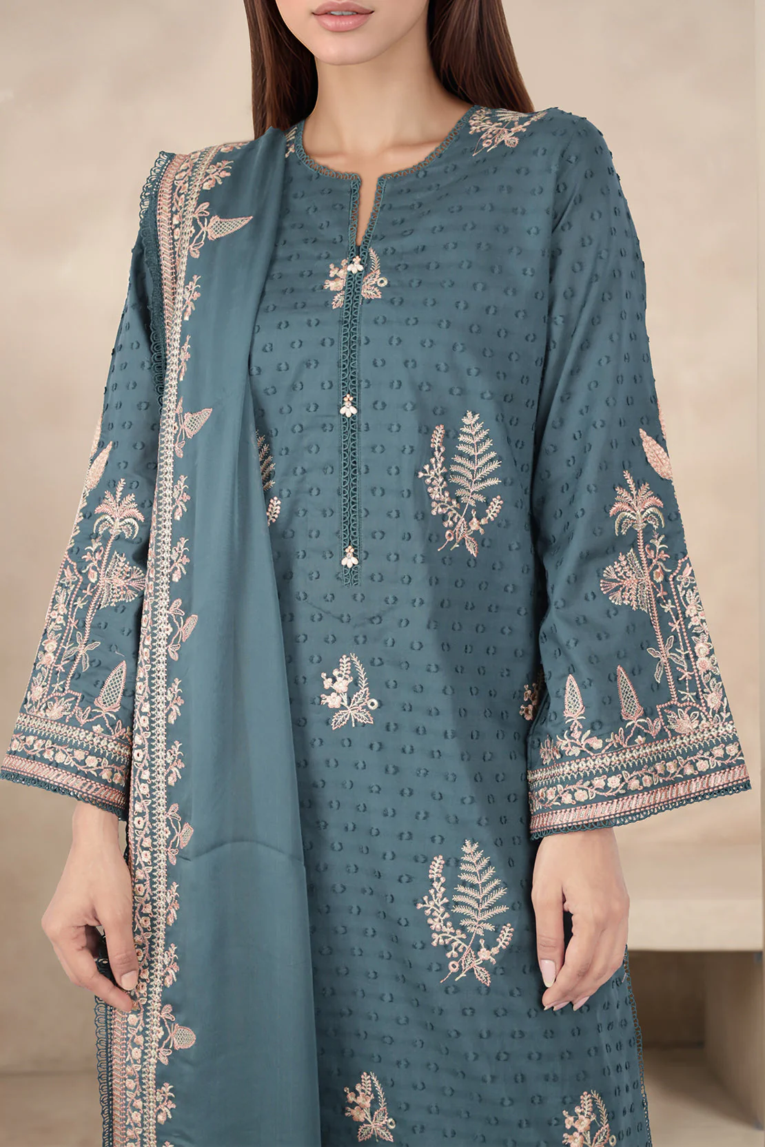 Unstitched Embroidered Self Jacquard 3 Piece With Chiffon Dupatta