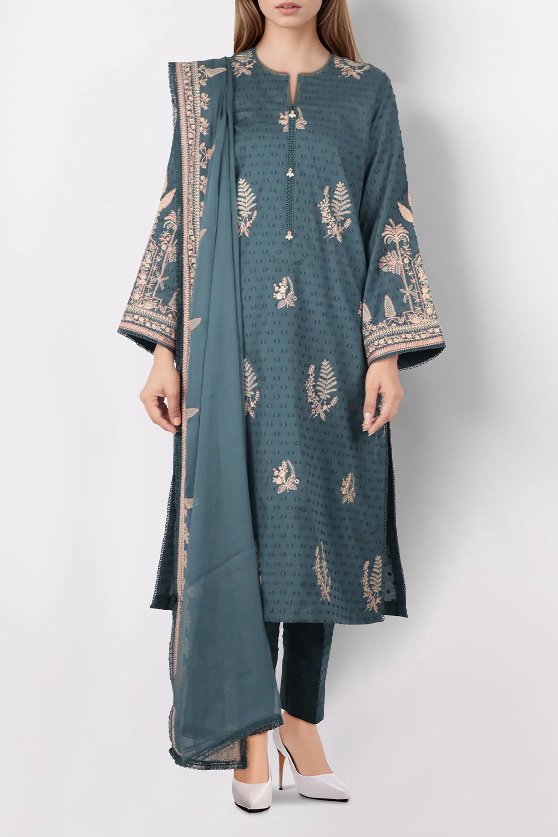 Unstitched Embroidered Self Jacquard 3 Piece With Chiffon Dupatta - Image 2