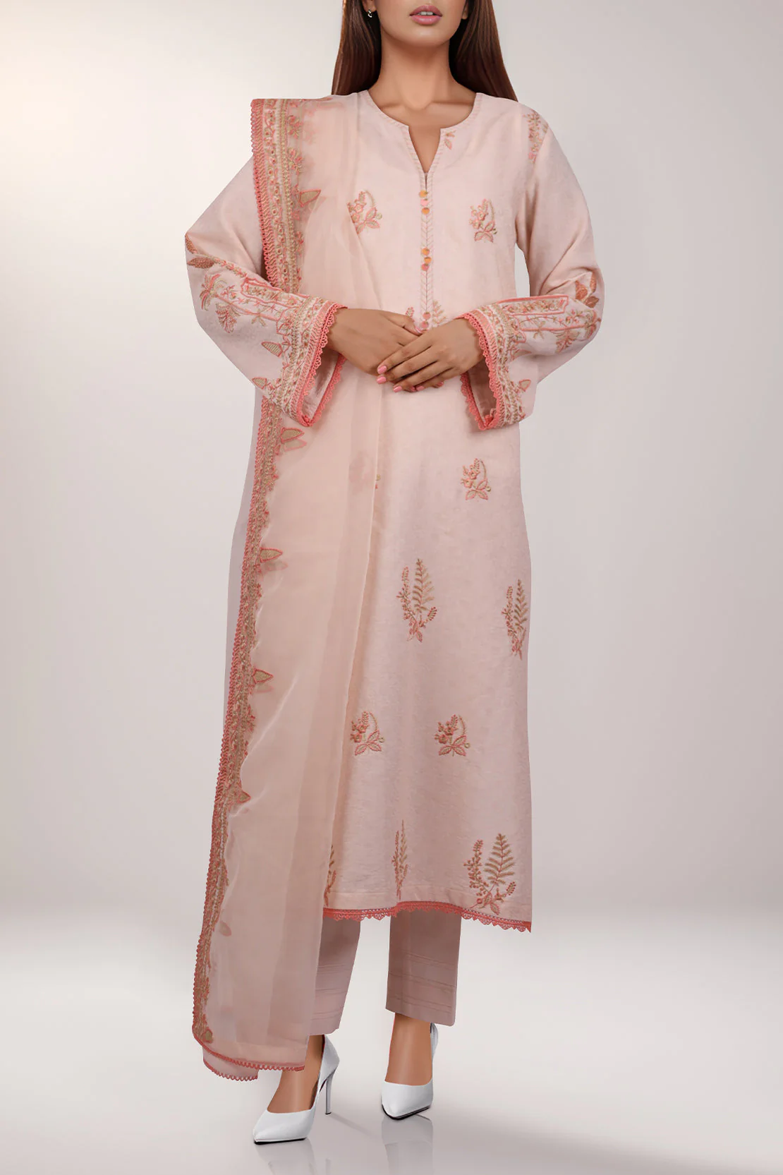 Unstitched Embroidered Self Jacquard 3 Piece With Chiffon Dupatta - Image 2