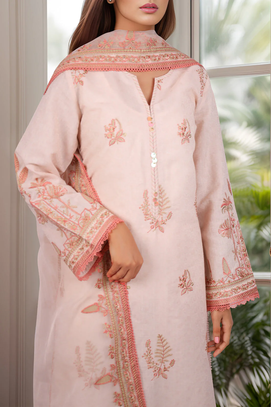 Unstitched Embroidered Self Jacquard 3 Piece With Chiffon Dupatta - Image 3