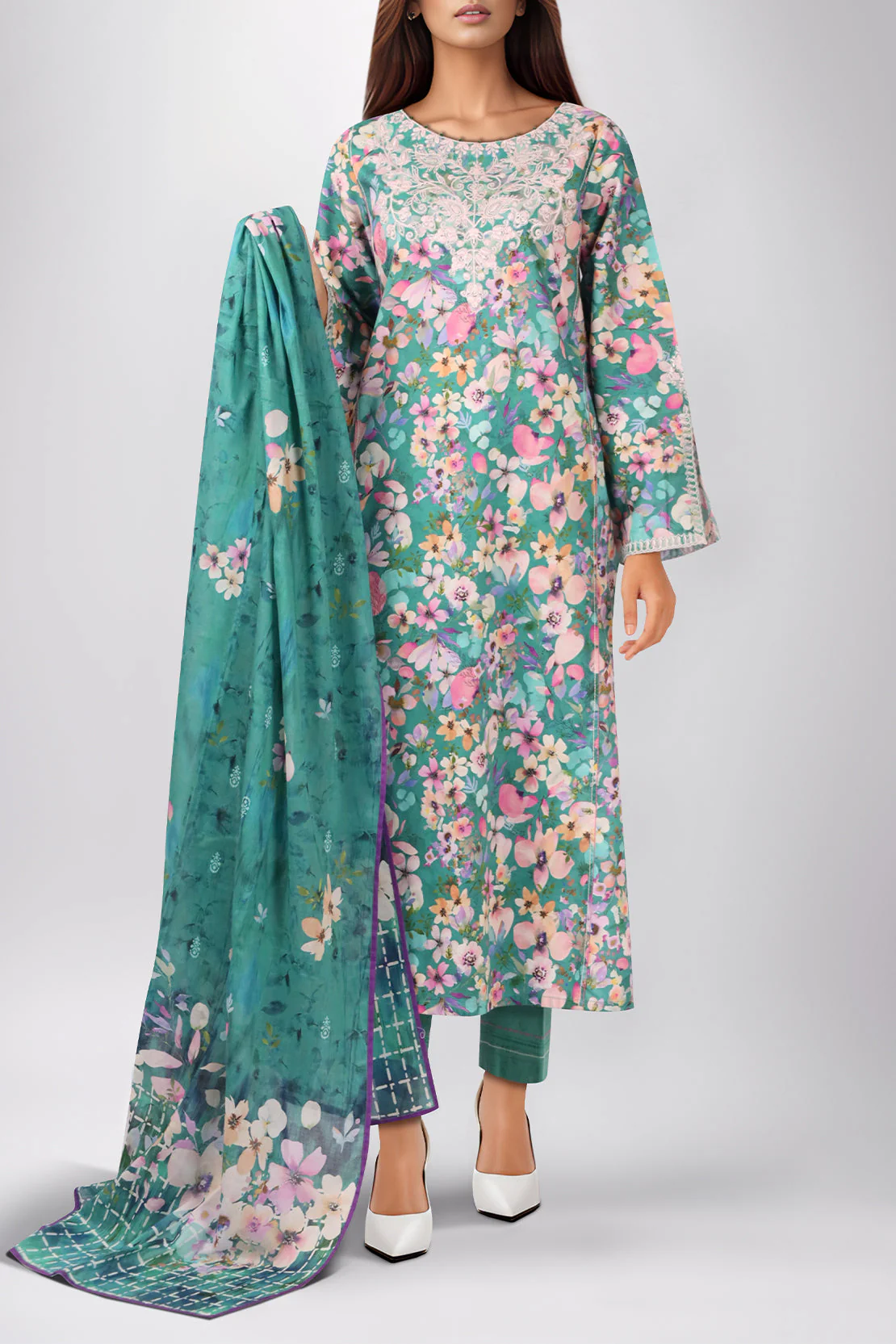 Unstitched Embroidered Self Jacquard 3 Piece With Chiffon Dupatta - Image 2