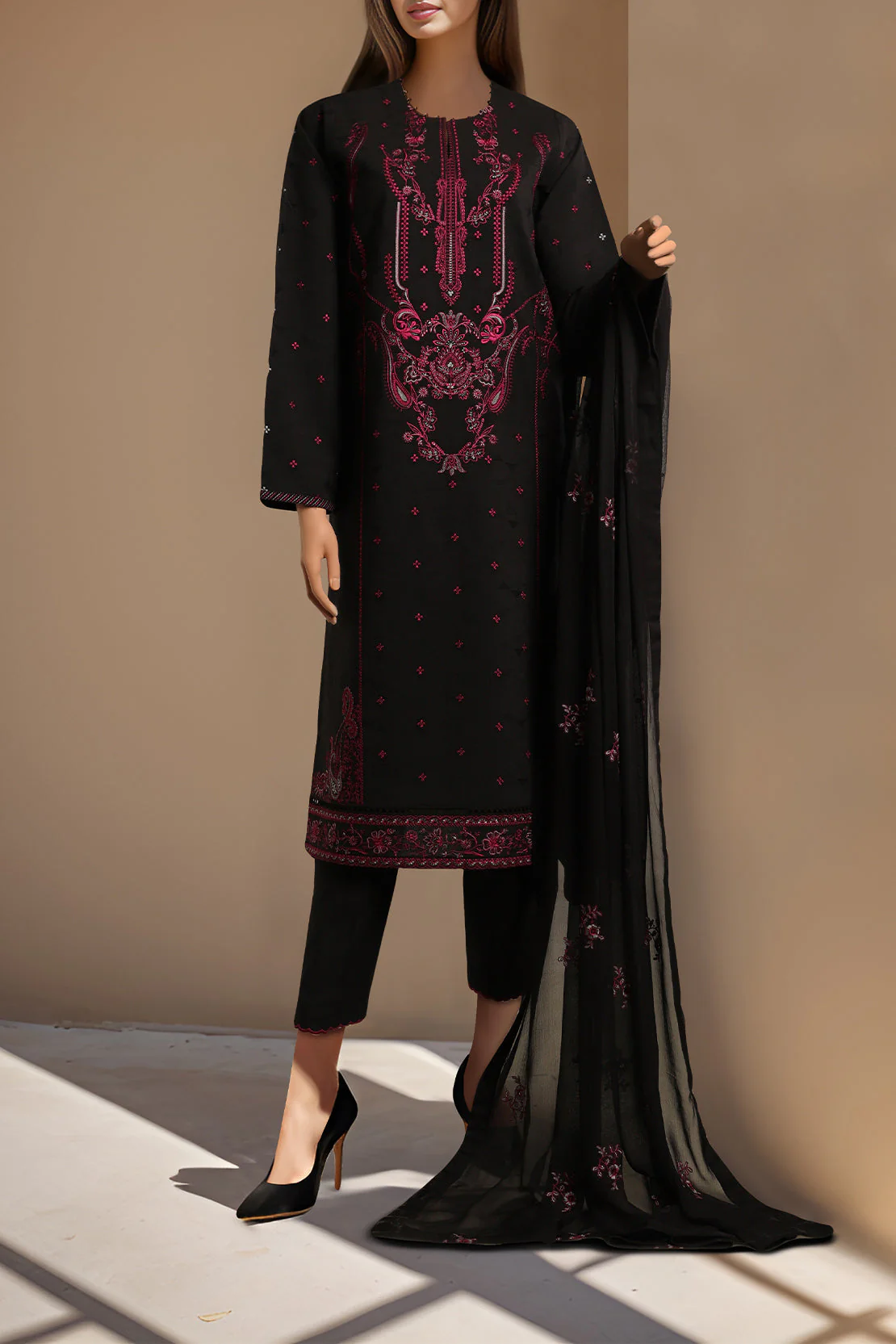 Unstitched Solid Embroidered Self Jacquard 2 Piece (Shirt/Trouser) - Image 2