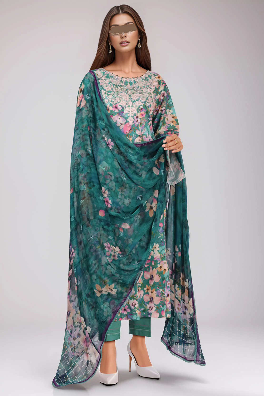 Unstitched Embroidered Self Jacquard 3 Piece Chiffon Dupatta - Image 2