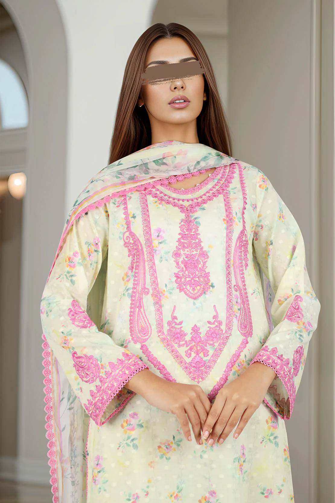 Unstitched Embroidered Self Jacquard 3 Piece with Chiffon Dupatta - Image 2