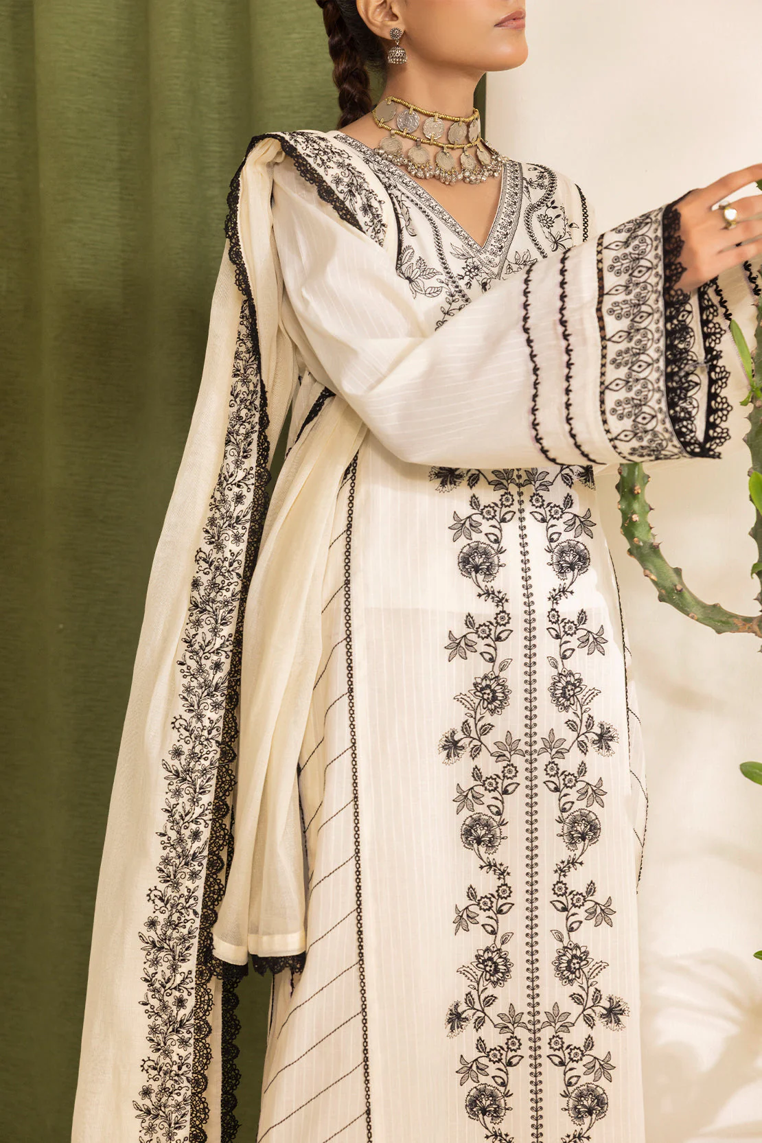 Unstitched Embroidered Self Jacquard 3 Piece With Cotton Net Dupatta - Image 2