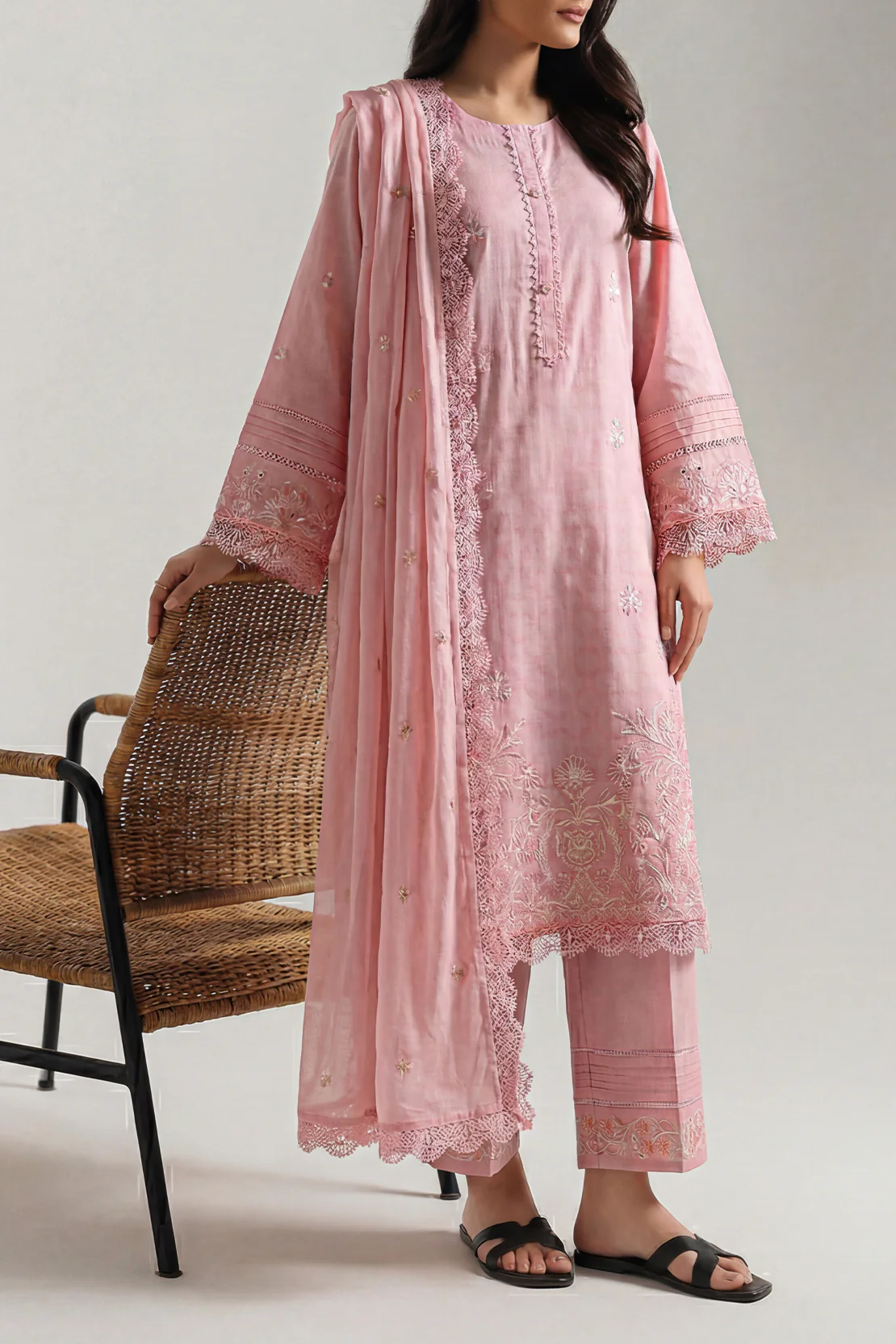 Unstitched Embroidered Self Jacquard 3 Piece With chiffon Dupatta