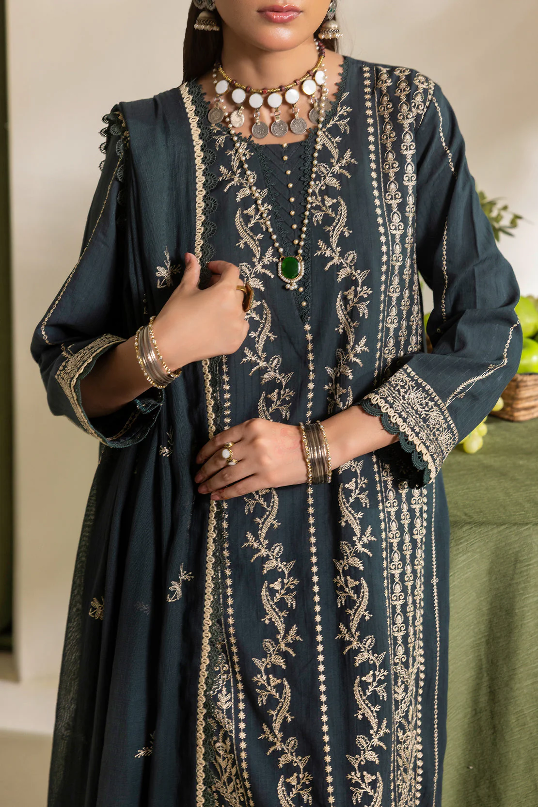 Unstitched Embroidered Self Jacquard 3 Piece With Cotton Net Dupatta - Image 2