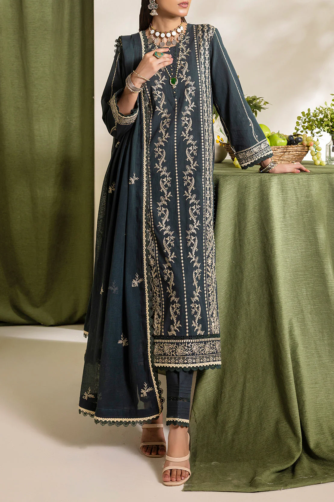 Unstitched Embroidered Self Jacquard 3 Piece With Cotton Net Dupatta - Image 3