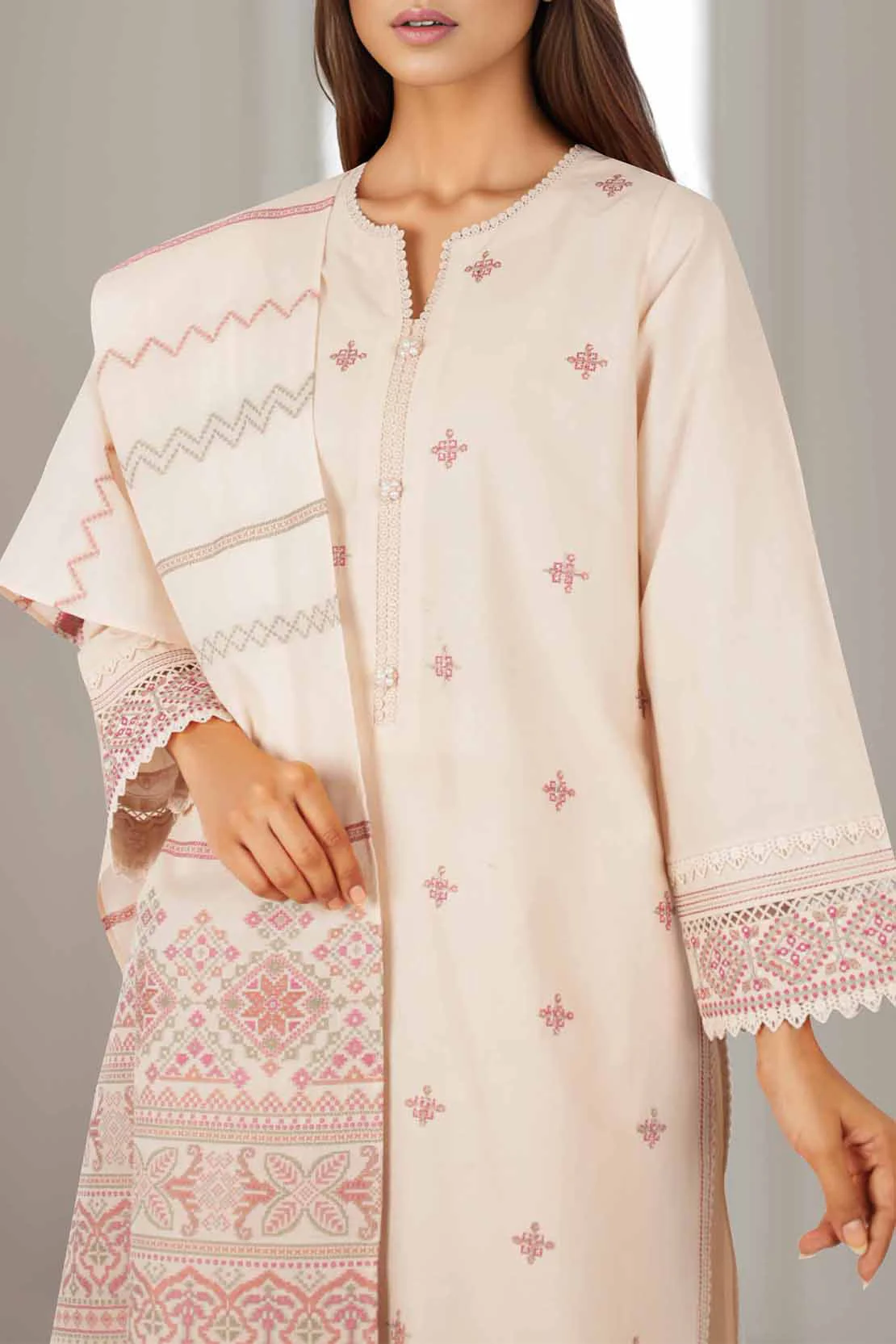 Unstitched Embroidered Self Jacquard Shirt - Image 3