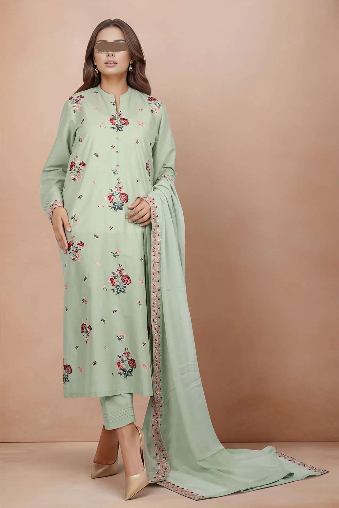 Unstitched Printed Embroidered Cambric 3 Piece with Chiffon Dupatta