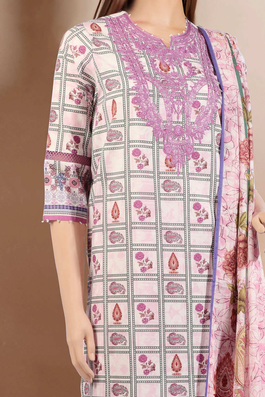 Unstitched Printed Embroidered Cotton Filament Shirt - Image 3