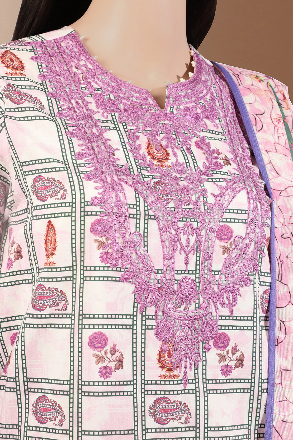 Unstitched Printed Embroidered Cotton Filament Shirt - Image 4