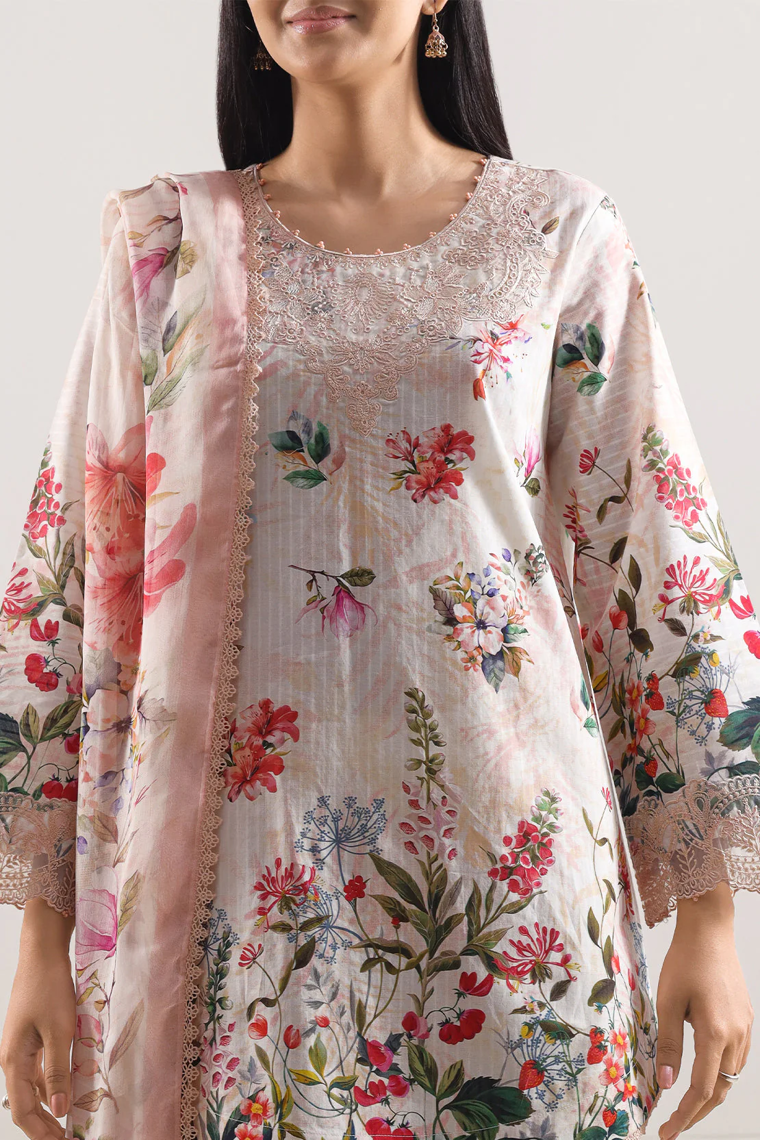 Unstitched Printed Embroidered Cotton Tencel 3 Piece With Chiffon Dupatta - Image 2
