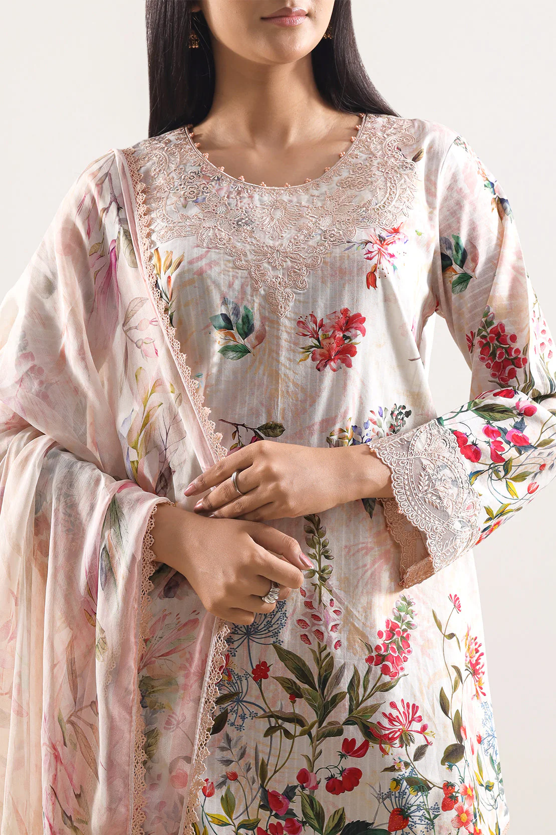 Unstitched Printed Embroidered Cotton Tencel 3 Piece With Chiffon Dupatta - Image 3