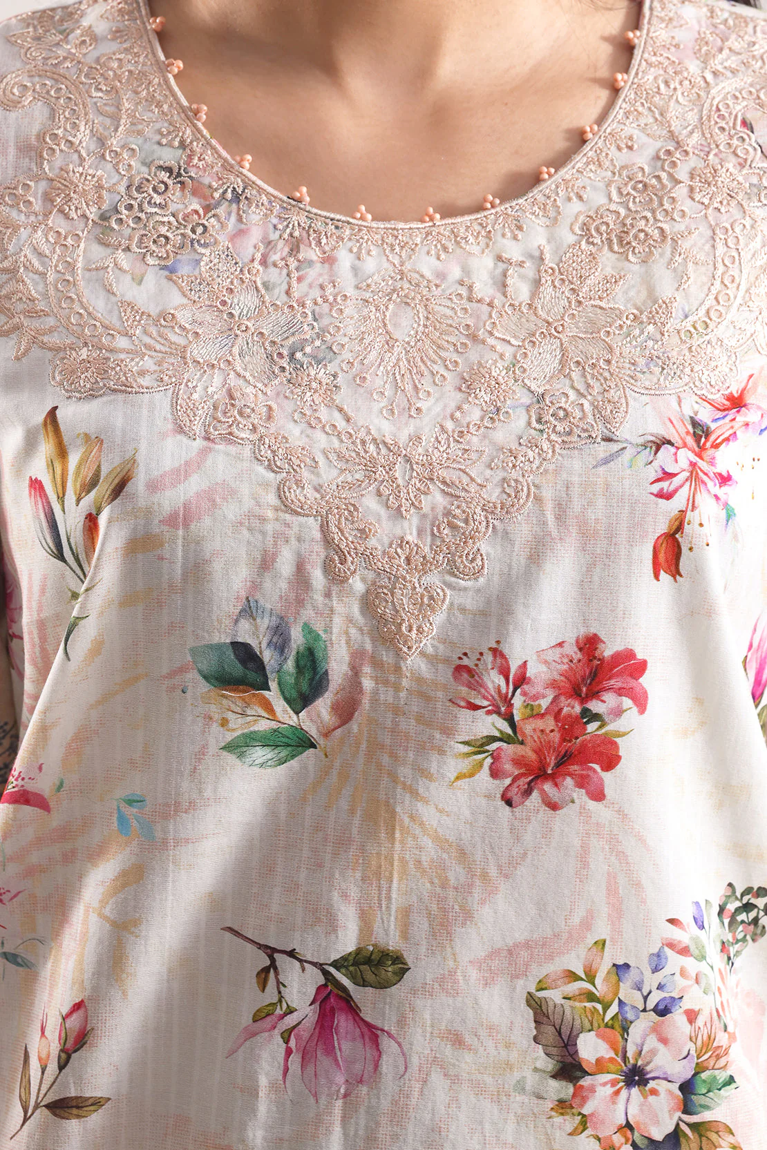 Unstitched Printed Embroidered Cotton Tencel 3 Piece With Chiffon Dupatta - Image 4