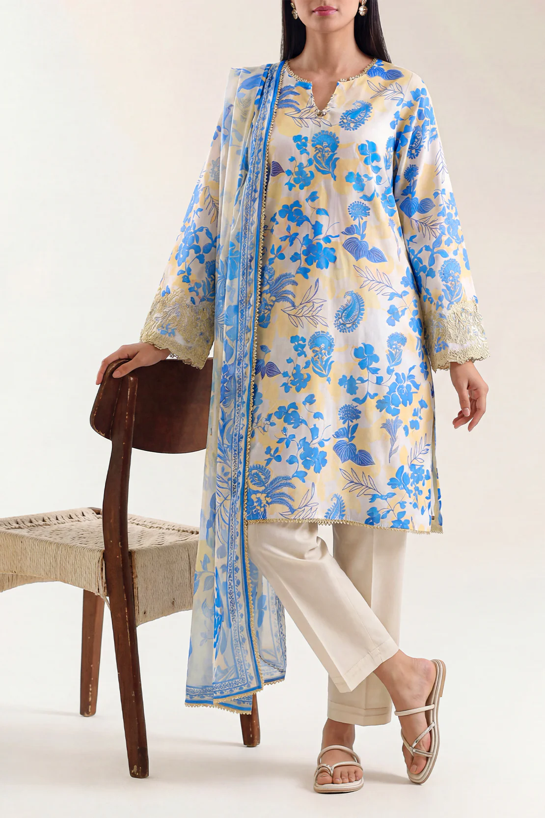 Unstitched Printed Embroidered Cotton Tencel 3 Piece With Chiffon Dupatta