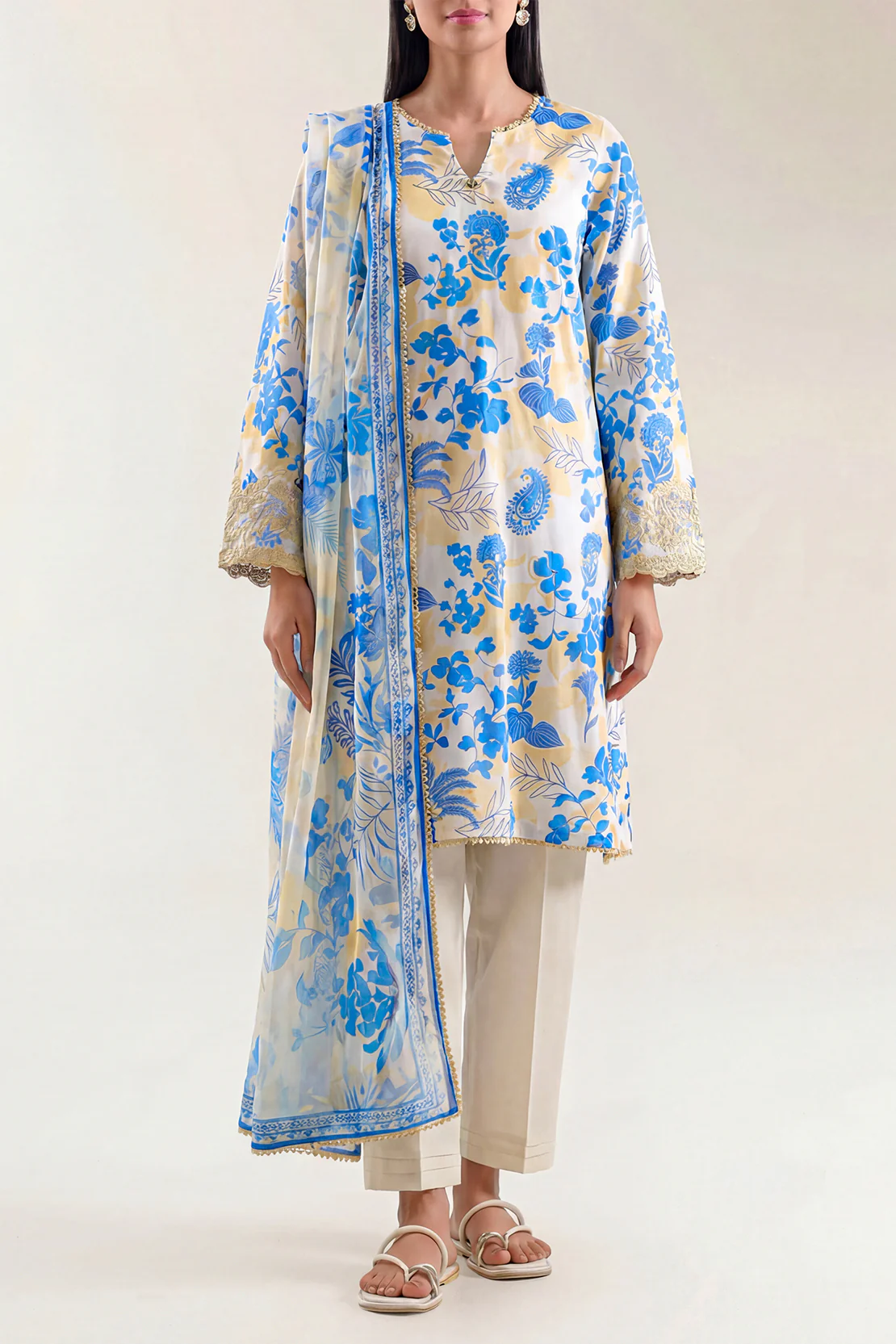 Unstitched Printed Embroidered Cotton Tencel 3 Piece With Chiffon Dupatta - Image 2