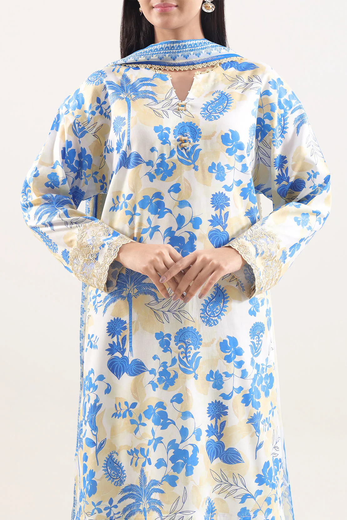 Unstitched Printed Embroidered Cotton Tencel 3 Piece With Chiffon Dupatta - Image 3