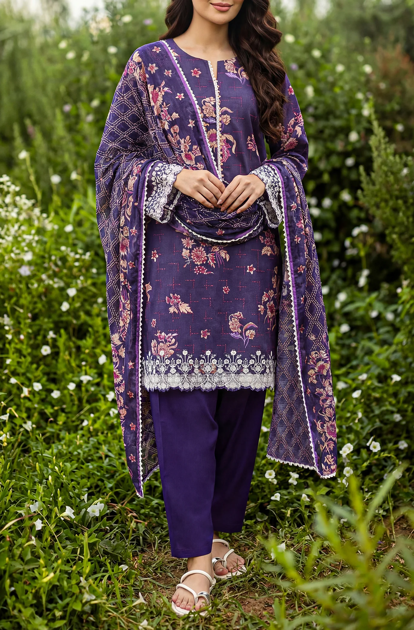 Unstitched Printed Embroidered Lawn 2 Piece (Shirt/Dupatta)