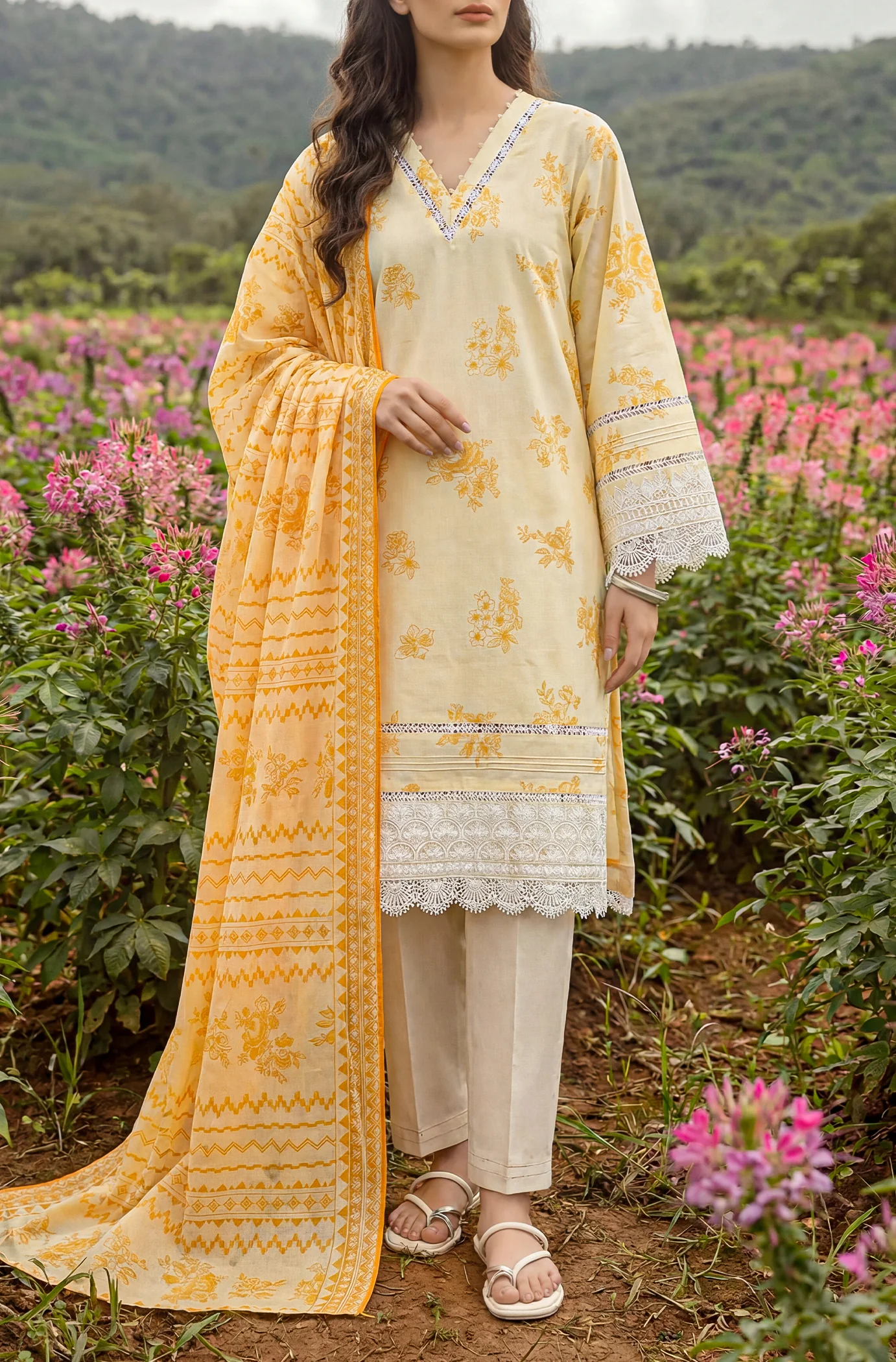 Unstitched Printed Embroidered Lawn 2 Piece (Shirt/Dupatta)