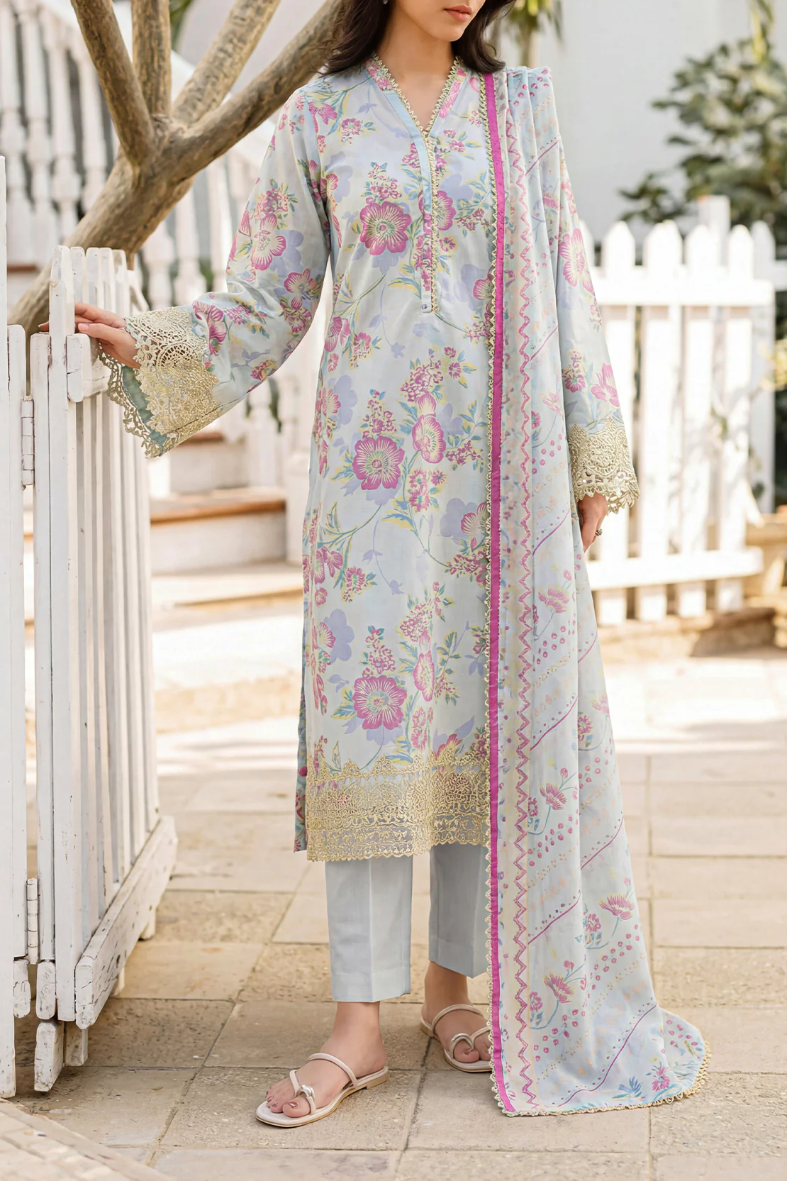 Unstitched Printed Embroidered Lawn 2 Piece (Shirt/Dupatta)