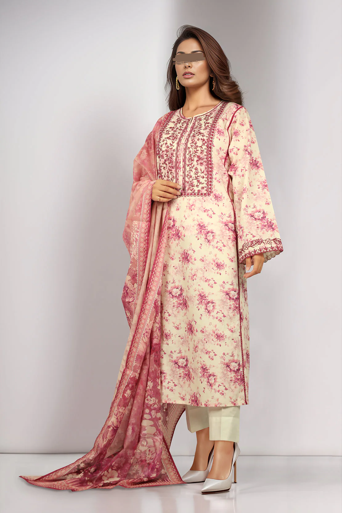 Unstitched Printed Embroidered Lawn 3 Piece